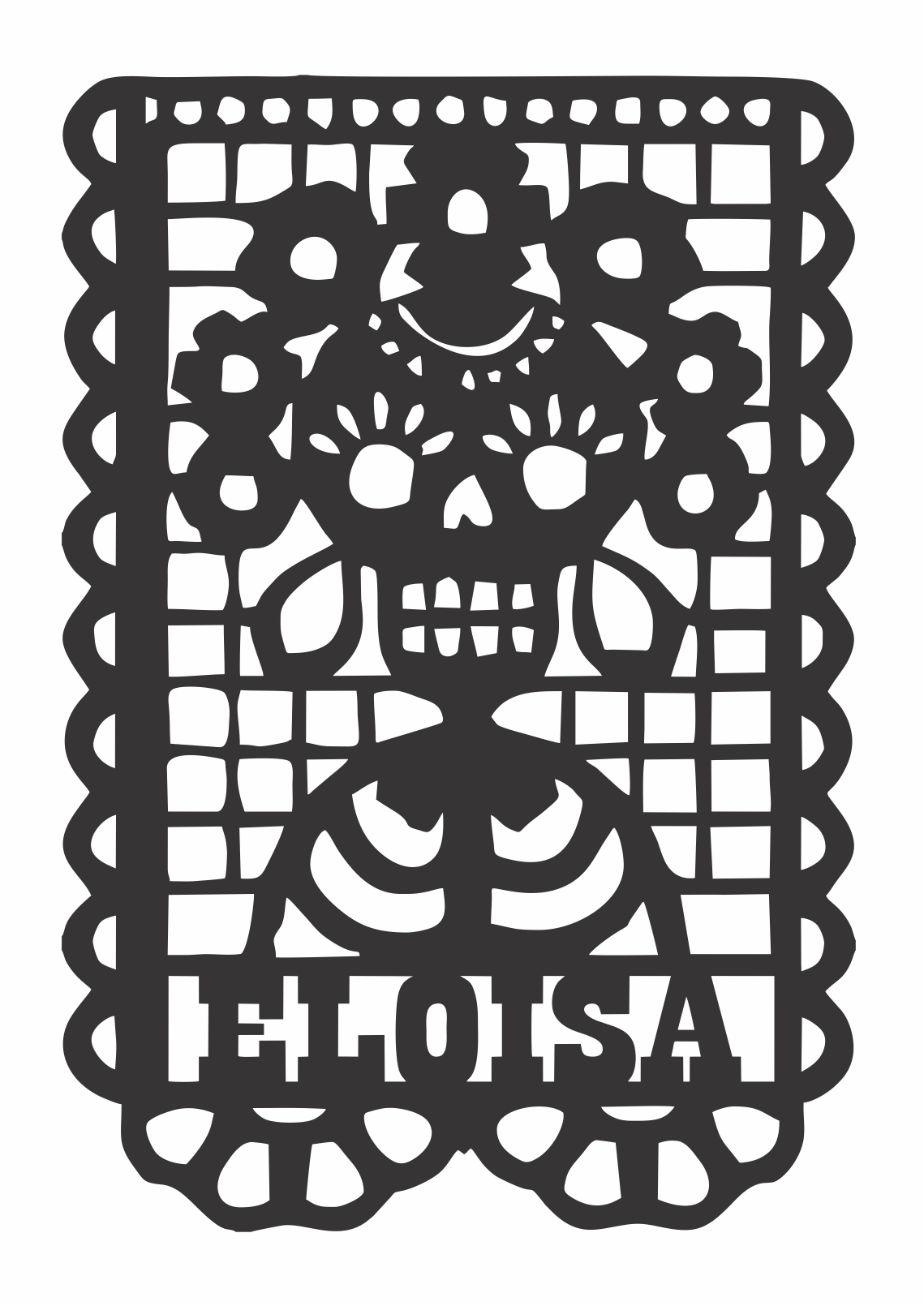 papel picado calavera con corona de flores