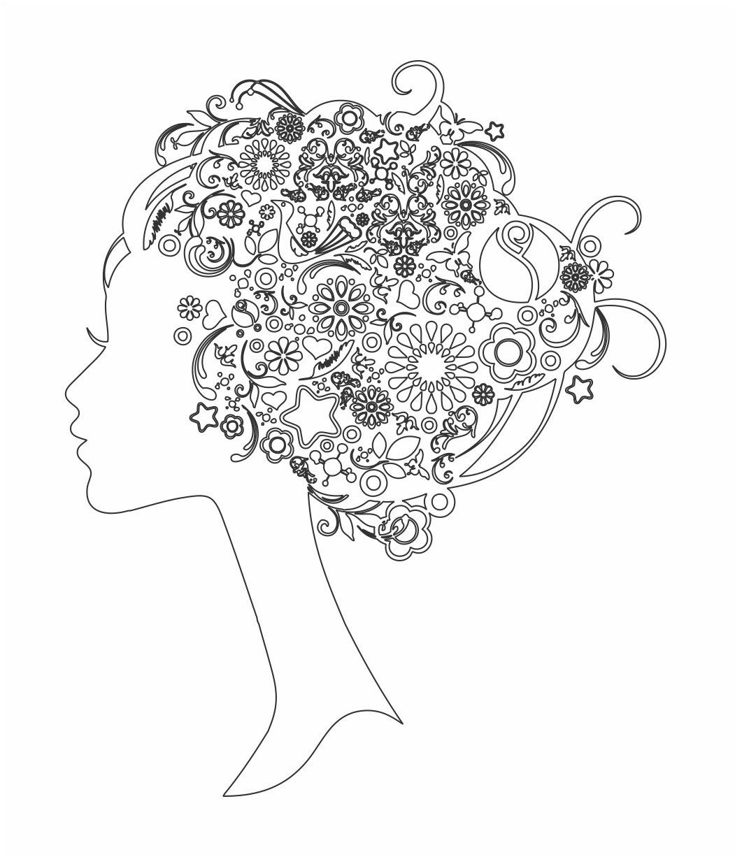 silueta femenina flores y estrellas