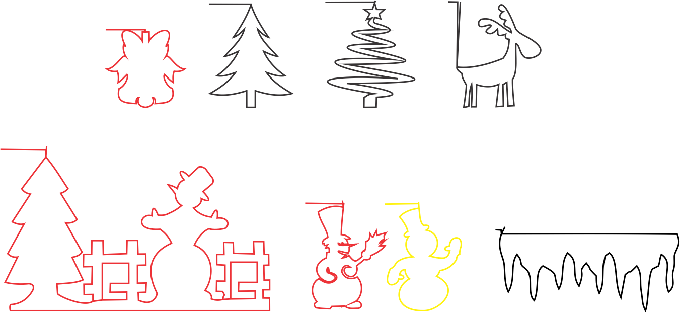 siluetas de pinos y muñecos de nieve